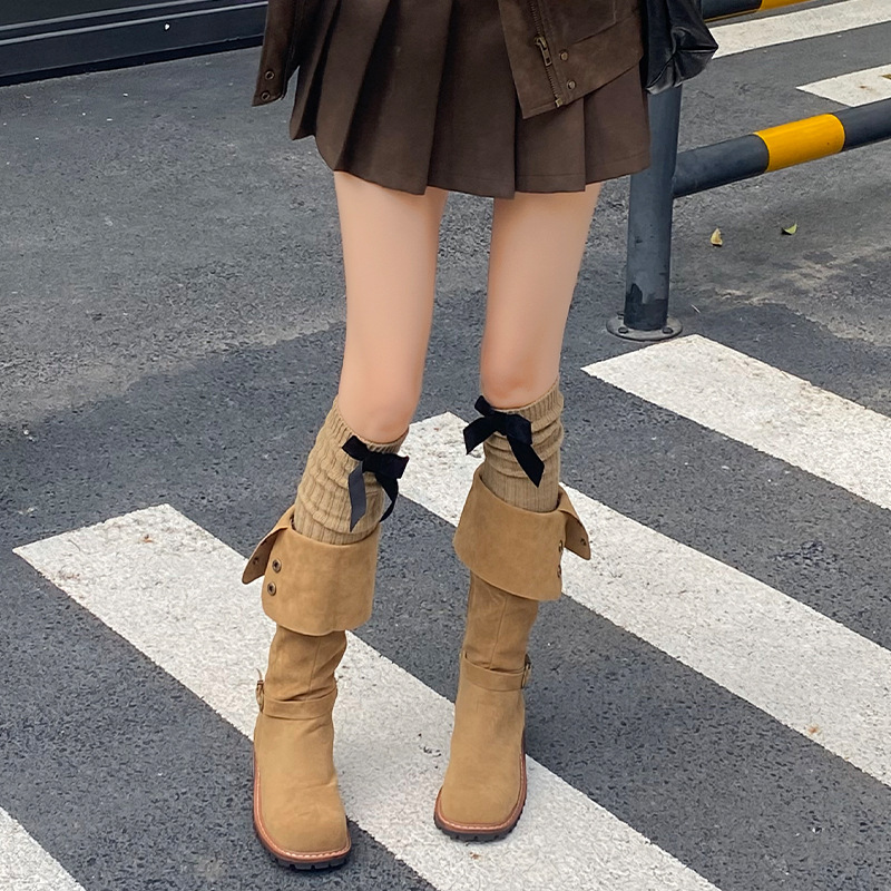 Beinstulpen Bootshang Baumwollsocken für Damen, goldene Samtsocken mit Schleife, trendige gestrickte Wadenstulpen im japanischen Ballettstil aus Wolle_voghion.com