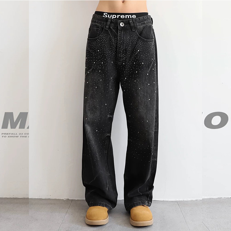 Trendy Brand New Black and Gray Rhinestone-Studded Men's Jeans, American High Street Style, Loose Fit, Star-Patterned, 2025 Straight-Leg Pants Trendy Brand New Black and Gray Rhinestone-Studded Men's Jeans, American High Street Style, Loose Fit, Star-Patterned, 2025 Straight-Leg Pants