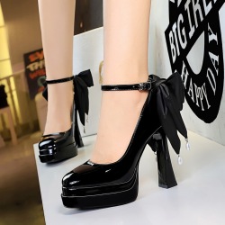 8326-H100M Super High Heel Double layer Waterproof Platform One line Buckle with Lacquered Leather Rear Big Bow Single Shoes for Women