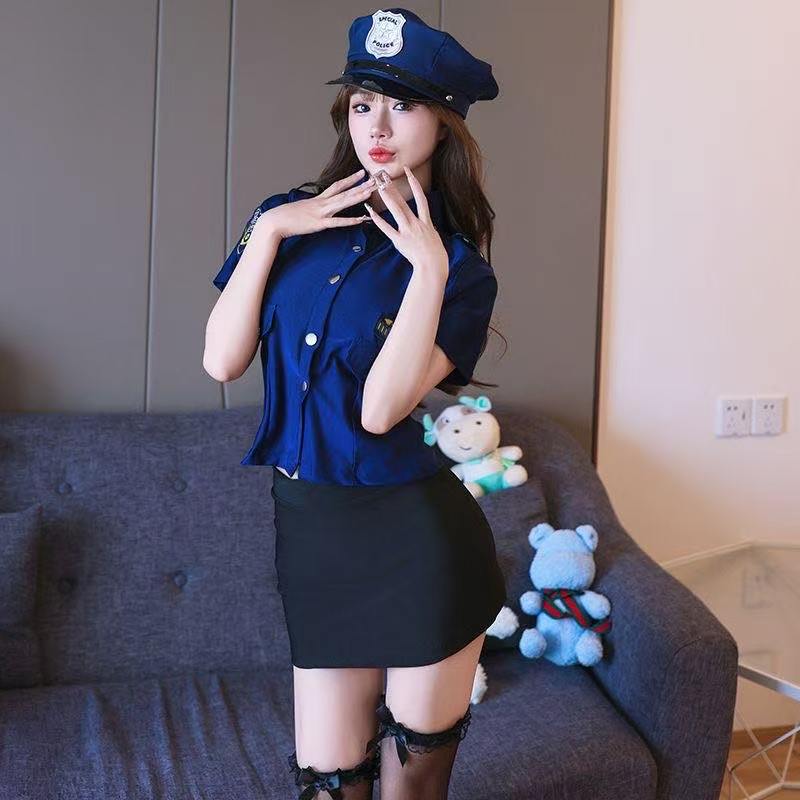 Policewoman & Flight Attendant Cosplay Lingerie Set with Top, Skirt, Thong & Hat — detail image 4