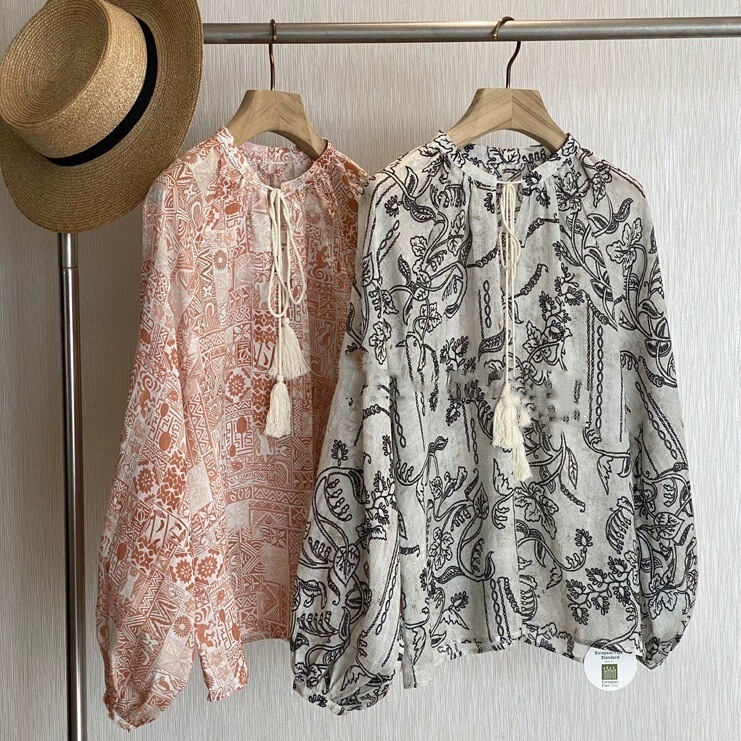 Beautiful! Like an Artwork, the Designer's Breath ~ Loose and Cool Linen Printed Lace-Up Shirt