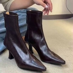 牛皮版~高跟尖头短靴法式细跟弹力靴女百搭软皮拉链真皮瘦瘦靴