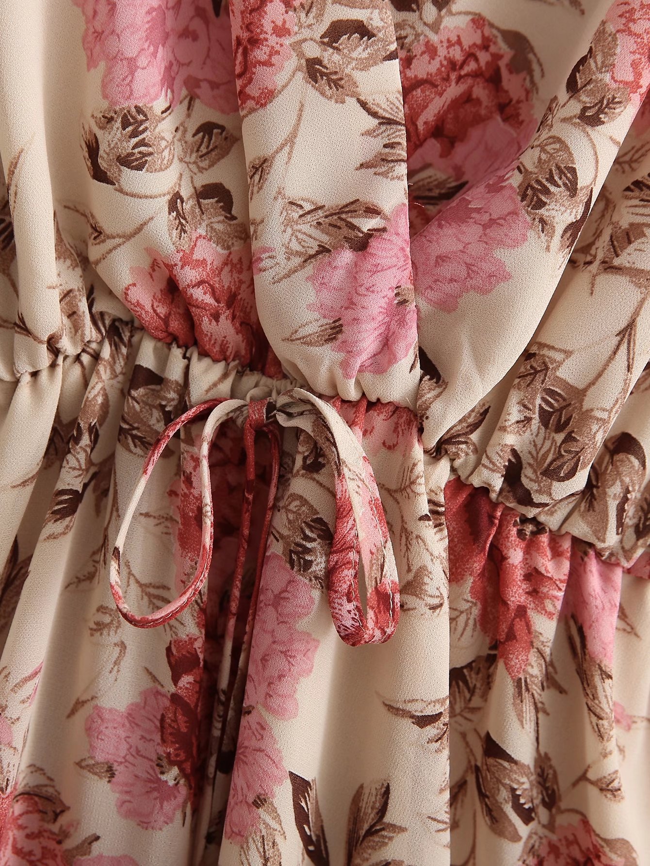 short sleeve v neck lace-up floral chiffon dress NSAM127551