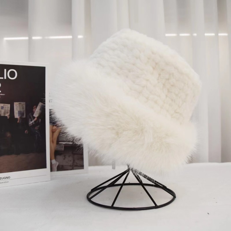 화이트 체크 무늬 솔리드 컬러 모피 버킷 모자