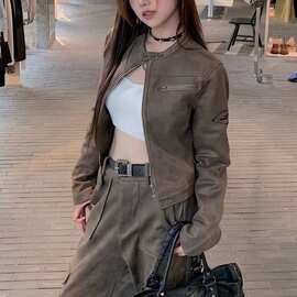 美式复古棕色麂皮绒皮衣外套女秋季机车辣妹修身潮牌短款夹克上衣