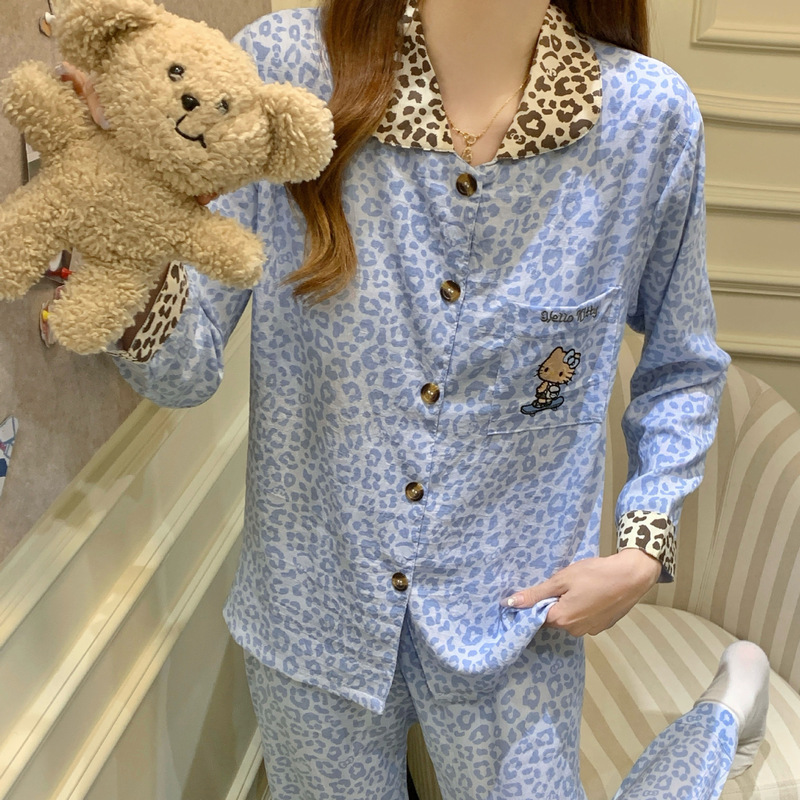 睡衣女春秋季新款带胸垫长袖长裤天丝棉甜酷豹纹可外穿家居服套装|undefined