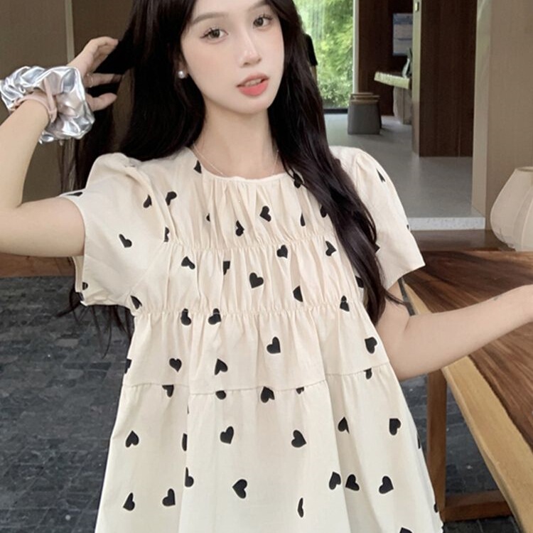 French-Style Sweet Heart-Print Puff Short-Sleeve Shirt for Women, Summer Design, Niche Pleated Loose Babydoll Top