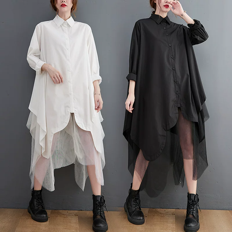 Autumn Shirt Set, Korean Style, Plus Size, Button-Front Longline Shirt (One Size)