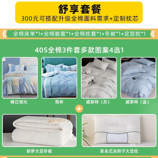 Comfort package: pure cotton 40S three-piece set + cassia soybean pillow + soybean winter quilt