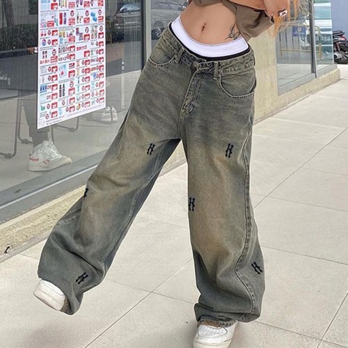 Euro-American street-style spicy girl-inspired washed, vintage-look letter-printed jeans—low-rise, loose-fit, wide-leg, casual long pants for women