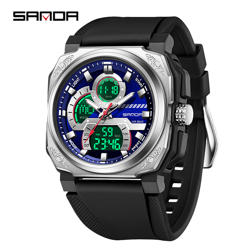 Sanda SANDA multifuncional moda juvenil doble pantalla impermeable reloj para hombre cuadrado deportes de ocio reloj electrónico para estudiantes