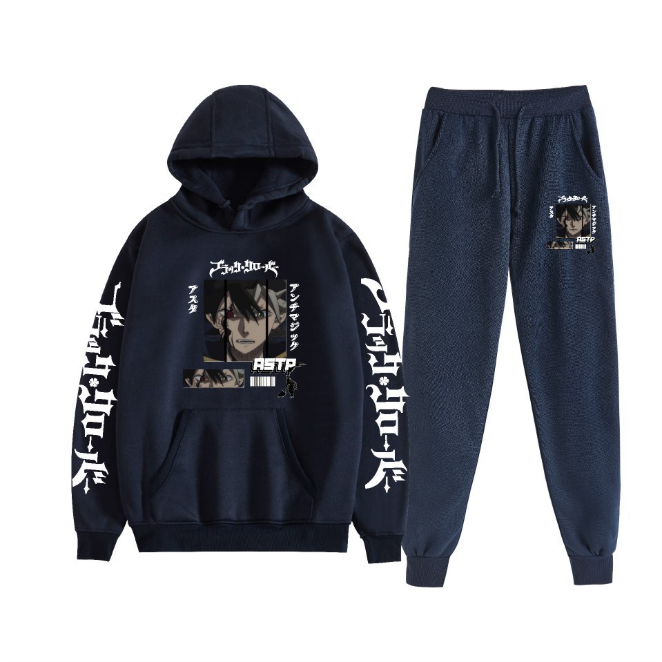 Traje de suéter con capucha suelto de dos piezas de trébol de cuatro hojas negro para hombres y mujeres con estampado de letras nuevas transfronterizas