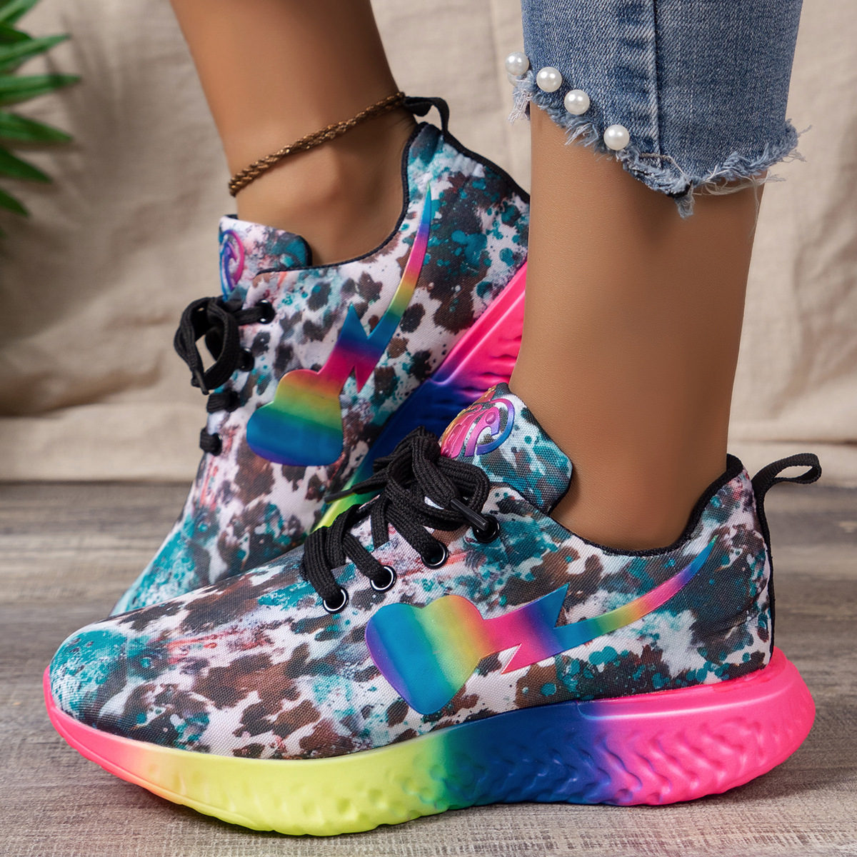 2024 comercio exterior nuevas zapatillas deportivas de tamaño grande con patrón de leopardo arco iris, zapatillas deportivas de cabeza redonda casuales, zapatillas deportivas de mujer