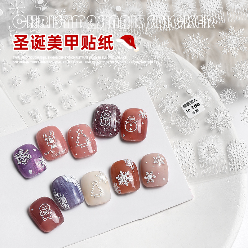 Popular en línea popular japonés copo de nieve uñas pegatinas Navidad muñeco de nieve otoño e invierno popular alivio tridimensional Año Nuevo alces de alta gama