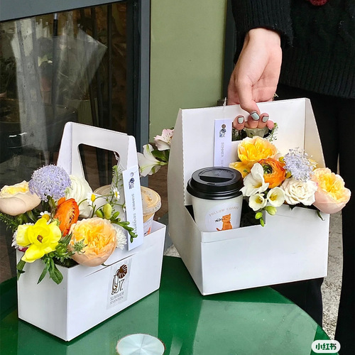 Coffee hand-held flower box, kraft paper flower arrangement basket, milk tea take-out box, dessert cake bouquet box, flower hand-held