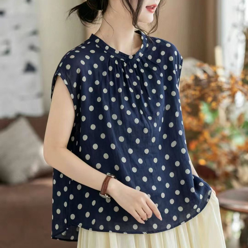 Polka Dot Ramie Flutter Sleeve Shirt 2026 Artistic Japanese Style Stand Collar Lightweight Versatile Elegant Pullover Top for Women