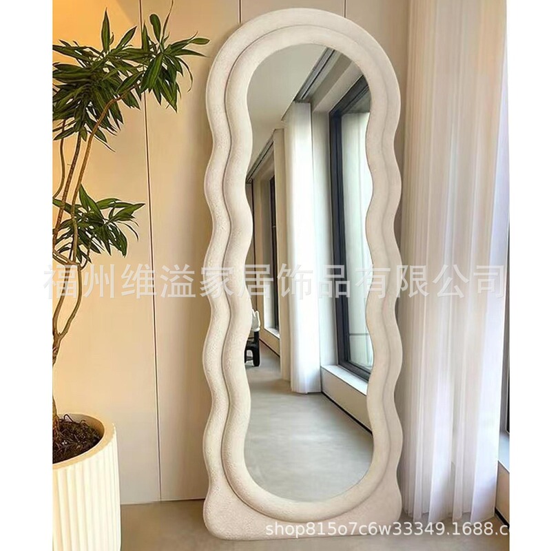 Amazon Wayfair Cross-Border E-Commerce Irregular Velvet Full-Length Mirror with Cream-Style Handmade Solid Wood Frame