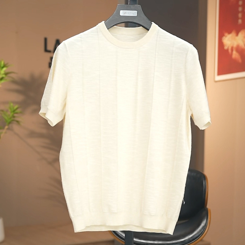 Linen Blend Simple Old Money Style Vertical Stripe Texture Summer New Men's Round Neck Knit Short Sleeve T-Shirt Breathable 2X219