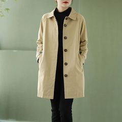 洗水棉风衣女中长款秋装韩版大码宽松大衣春秋休闲纯色风衣外套
