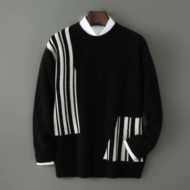 100%美利奴羊毛衫男士圆领拼色时尚青年针织保暖打底衫毛衣工厂批