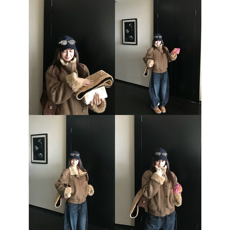 Skk Store London Girl Vintage Suede Gold Stamped Retro Fur Integrated Eco-Friendly Fur Jacket Coat Skk Store London Girl Vintage Suede Gold Stamped Retro Fur Integrated Eco-Friendly Fur Jacket Coat