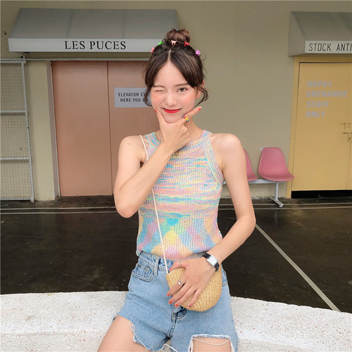 South East Asia Tie-Dye Colorful Neckless Tank Top for Women  Summer Korean Version Fitted Slimming Retro Knit Sleeveless Top