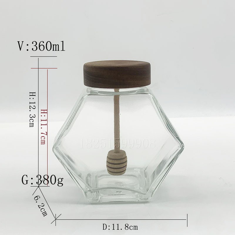 高档360ml六棱蜂蜜玻璃罐果酱玻璃瓶丝口胡桃木盖带搅拌棒晶白料