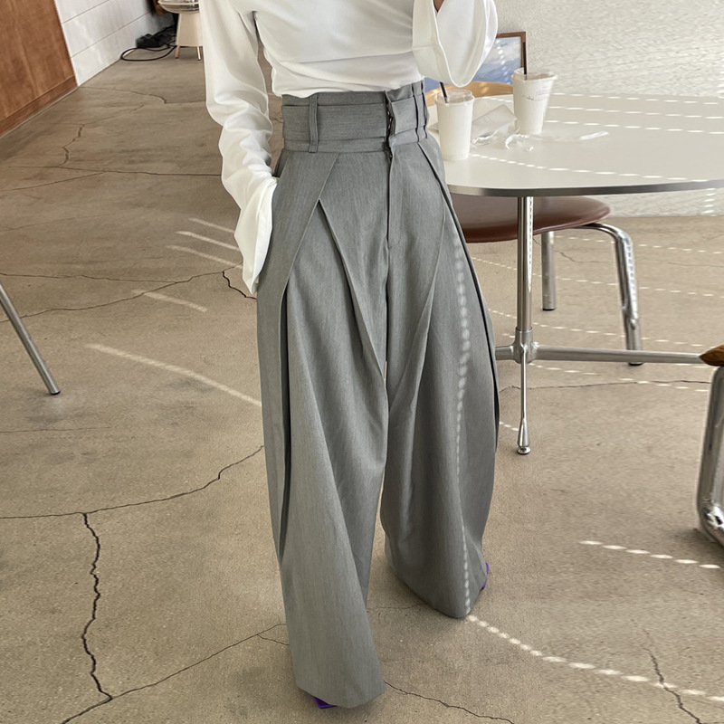 South Korea Chic Retro All-match Design Niche Pleated High Waist Slim-fit Wide Leg Casual Pants Women's Pants