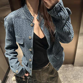 牛仔小香风外套女2026年秋季宽松小众肌理感立领蓝色夹克上衣