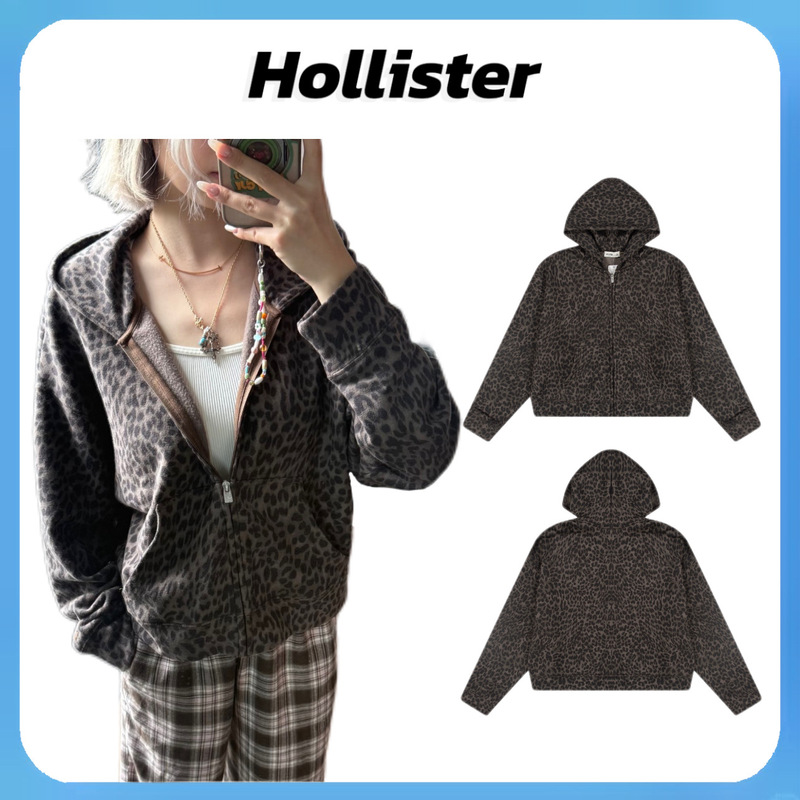 In-Stock Korean Hollister Leopard Print Hooded Zip-Up Jacket Autumn Cardigan European and American Style Sweatshirt Wholesale