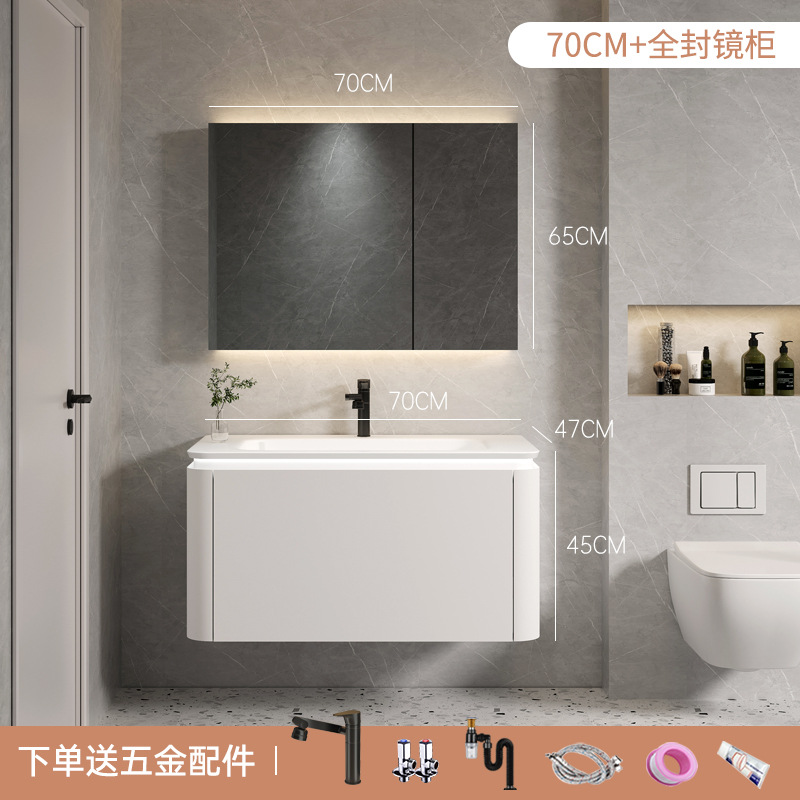 Estilo crema de múltiples capas de madera maciza gabinete de baño combinación baño lavabo mesa de lavado sensación de la piel cuenca inteligente baño espejo gabinete