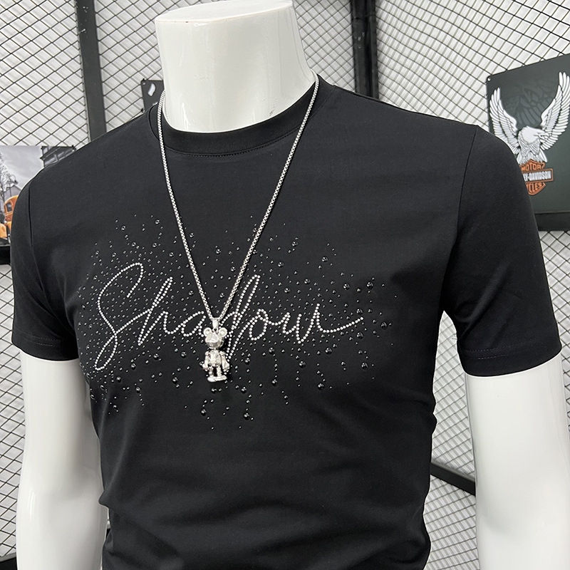Men's Slim Fit Short Sleeve T-Shirt Heavy Duty Rhinestone And Letter Crew Neck Fashion Top New Arrival Summer_viptrois.com
