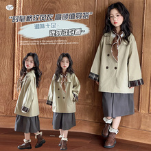 韩童装女童风衣外套女童春秋中长款大衣2025新款韩版复古女大童