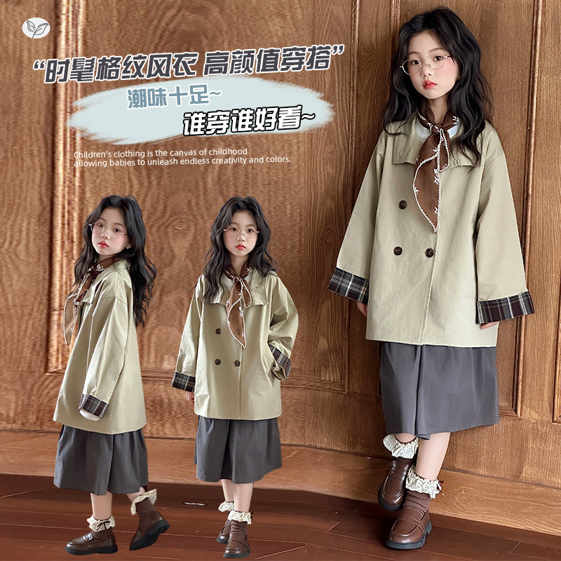 韩童装女童风衣外套女童春秋中长款大衣2025新款韩版复古女大童