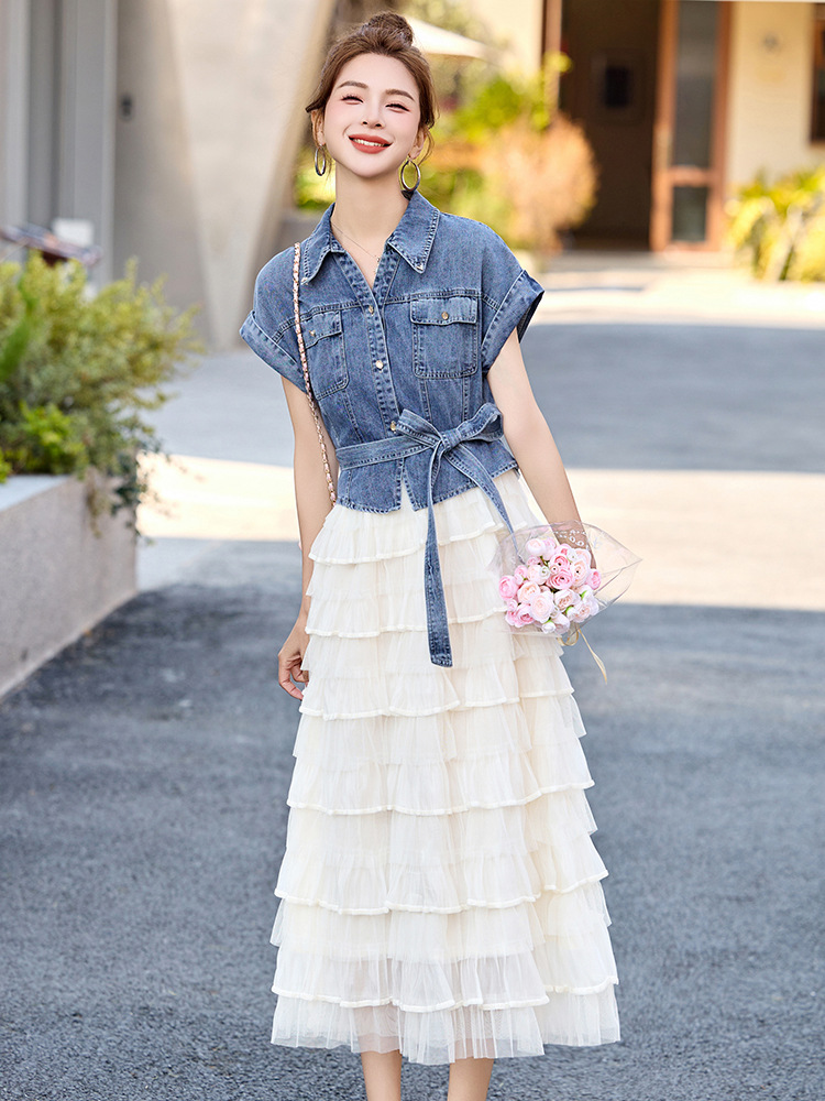 Váy liền denim tay ngắn thắt eo tôn dáng mới mùa hè 2025 YH2666 — Màu như hình