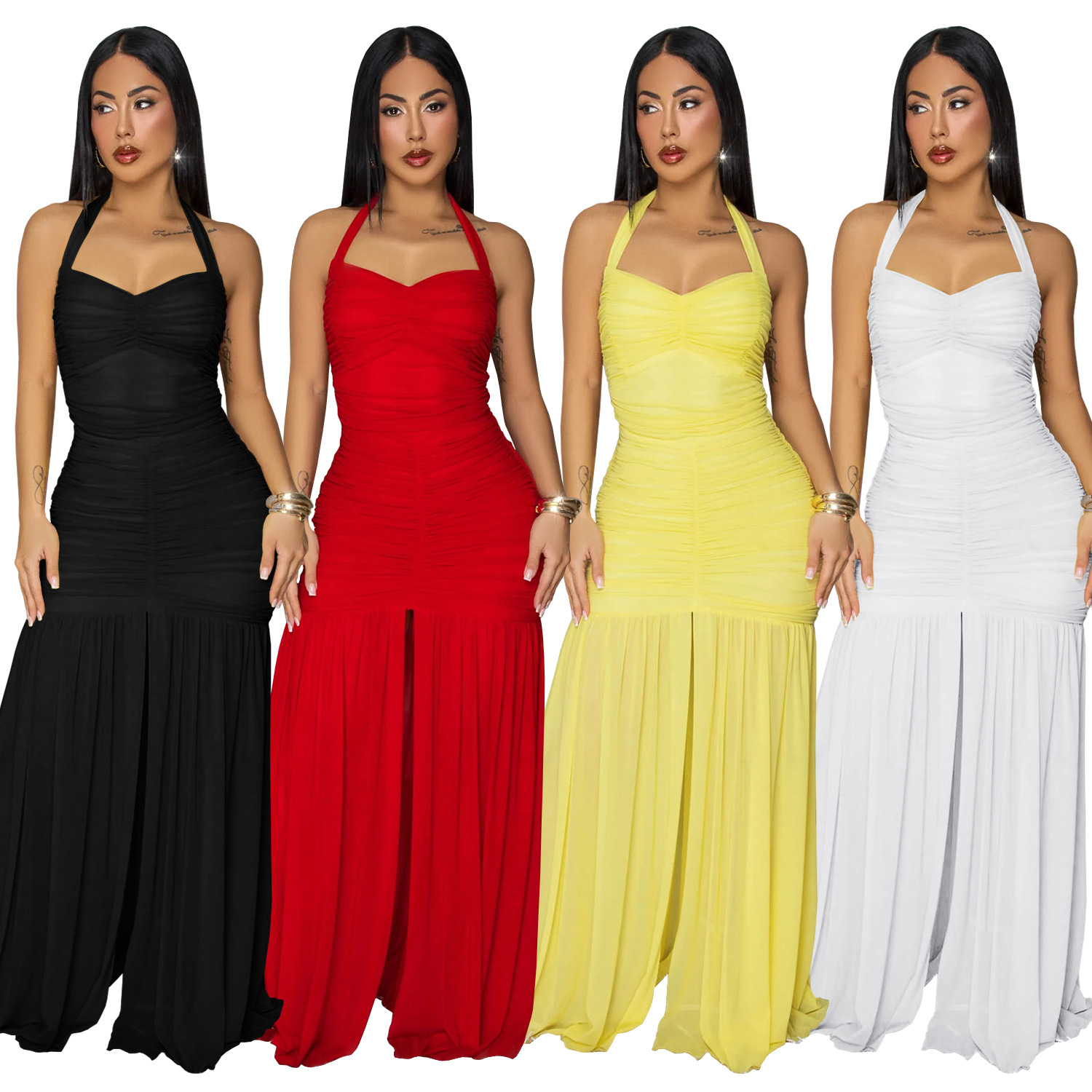 C7656 Aliexpress transfronterizo Amazon Europa y América de moda moda femenina elegante color sólido vestido de trasera abierta image 6