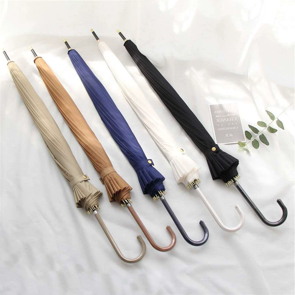 Straight Umbrella (Aila) Bamboo Handle, 16-Rib Automatic, Long Wooden Hook Handle