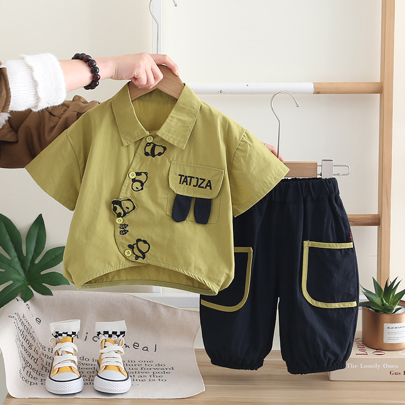 男の子スーツ夏 2025 新しい子供の夏服小中型子供トレンディな男の子カジュアル半袖シャツ子供服卸売|undefined