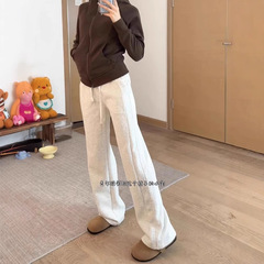 女性用のホワイトグレーベルベットスウェットパンツ、スポーツカジュアルパンツ、ハイウエストストレートパンツ、女性用ワイドレッグパンツ、スリムな暖かいパンツ