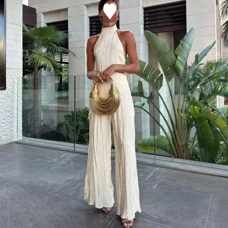 2025 women's asymmetric neck top elastic waist casual pleated pants suit women