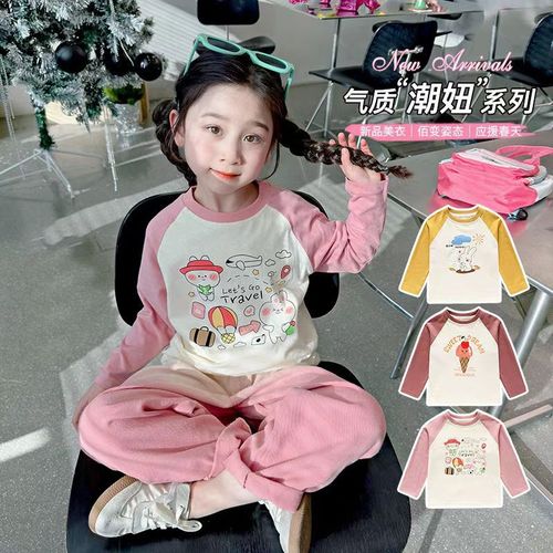 Baby cartoon cute casual crew neck long T-shirt for girls, suitable for autumn wear