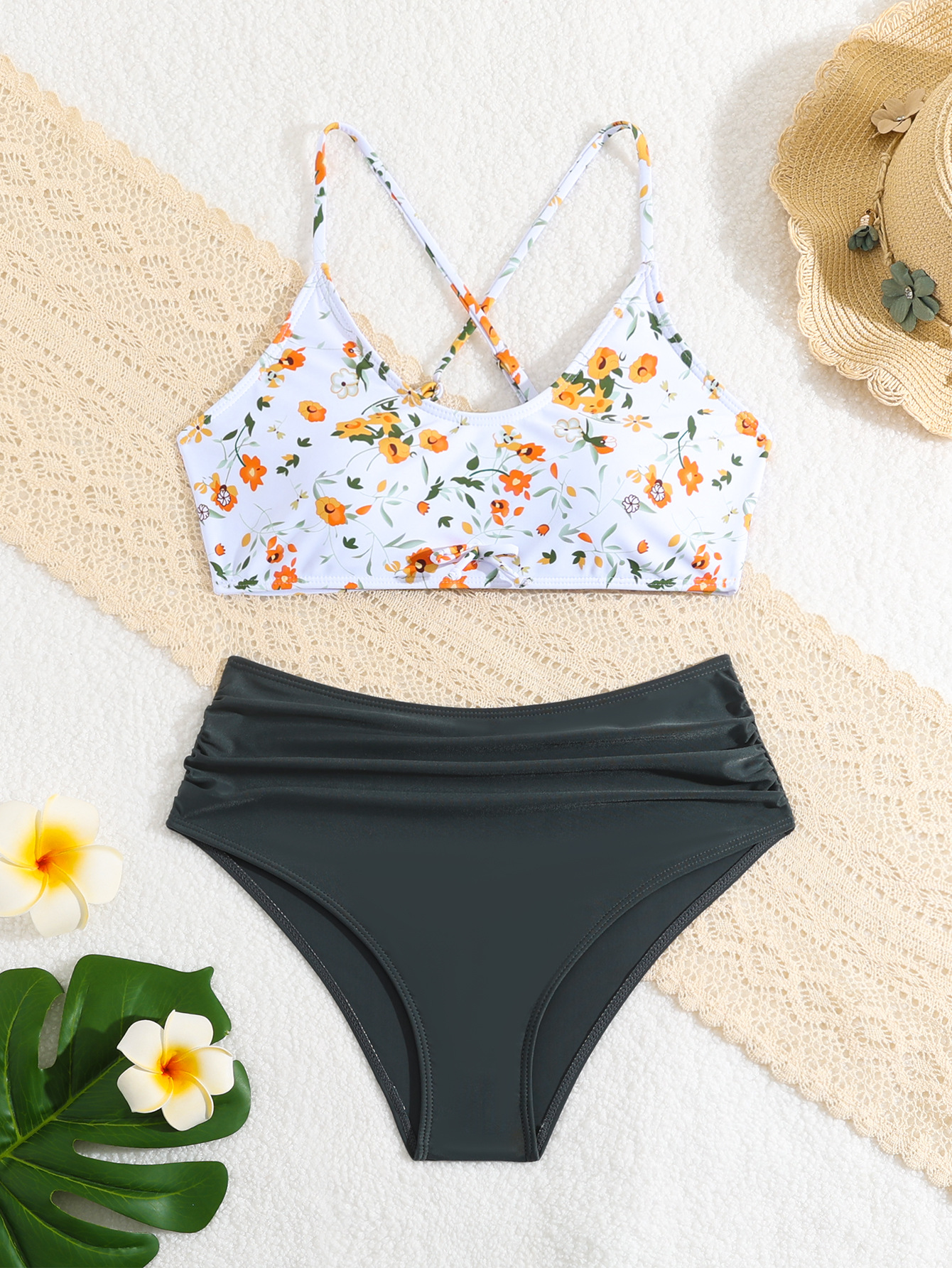 Mädchen Bikini Set Mit Blumenmuster Hoch Geschnittene Bademode_voghion.com