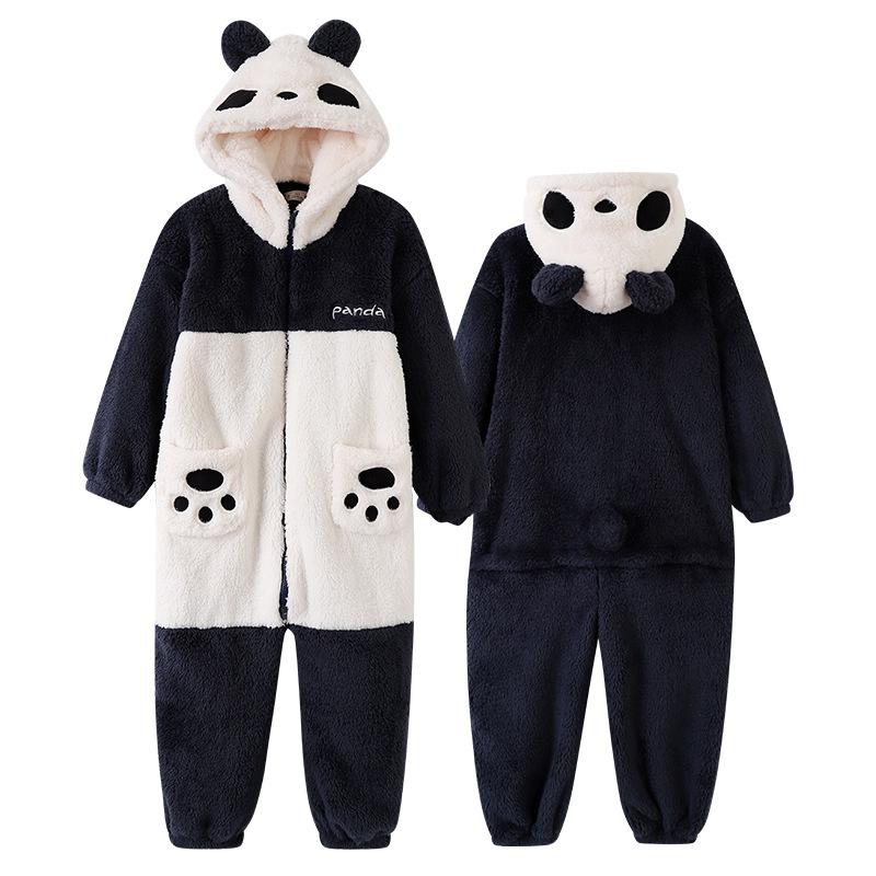 Padres e Hijos de Una pieza de la familia de tres bocas de cuatro boca pijamas de invierno cálido coral polar de dibujos animados Panda franela homewear