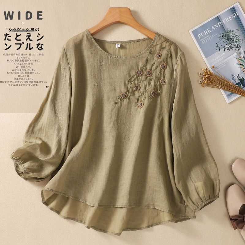 2026 Spring/Summer New Cotton Embroidered Round Neck Long Sleeve Shirt for Women, Vintage Artistic Loose Slimming Pullover Embroidered Top 2026 Spring/Summer New Cotton Embroidered Round Neck Long Sleeve Shirt for Women, Vintage Artistic Loose Slimming Pullover Embroidered Top