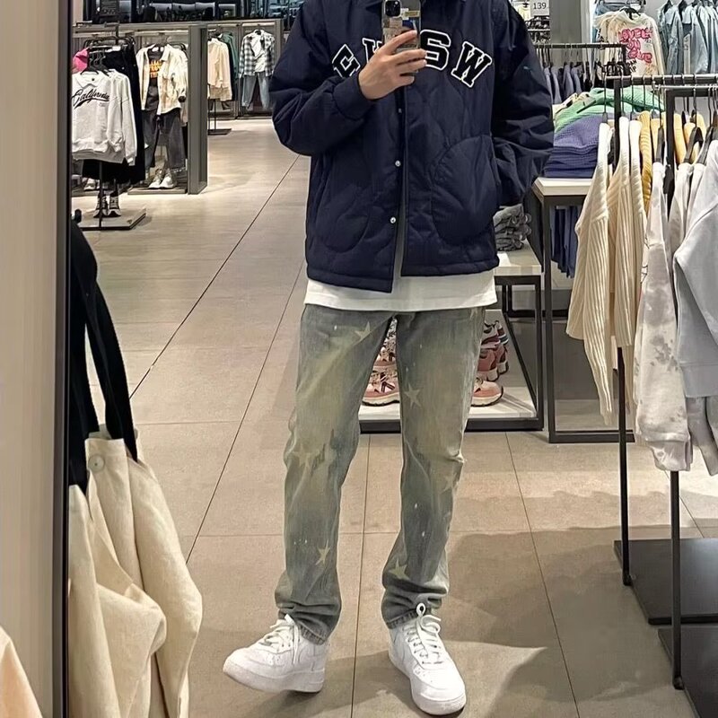 American Style High Street Design Sense Washed Star Splash Ink Jeans Men's Autumn and Winter Casual Loose Straight Pants Ins Trendy