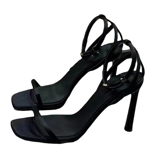 The same style as Dawang 2024 summer new square toe open-toe high heels for women with one-length straps, elegant temperament, slim heels sandals French style
