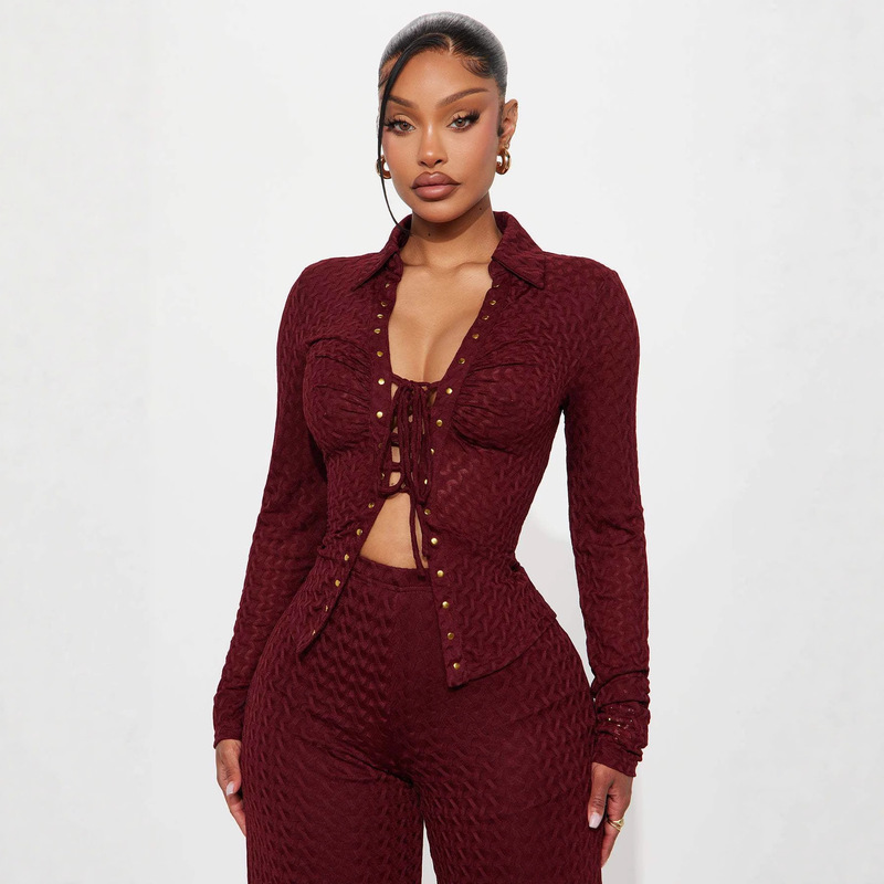 European and American Cross-Border Amazon 2025 Autum Women's Casual Lapel Long-Sleeved Front Lace-Up Shirt Casual Pants Set