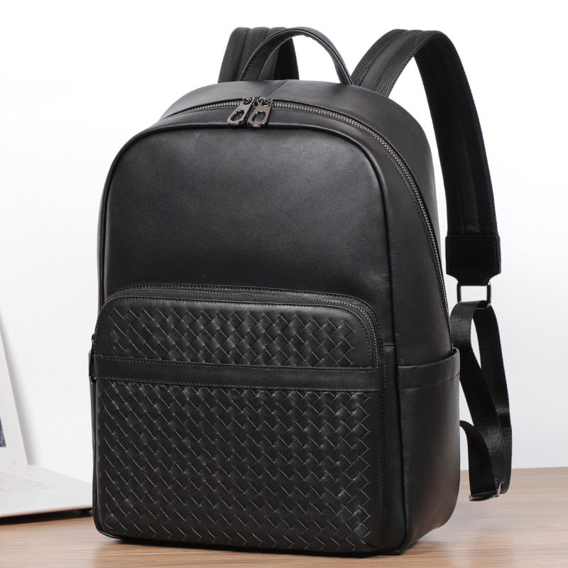 Ba lô da bò thật dệt tay nam, balo đựng laptop 15,6 inch đa chức năng đi làm du lịch — Màu đen