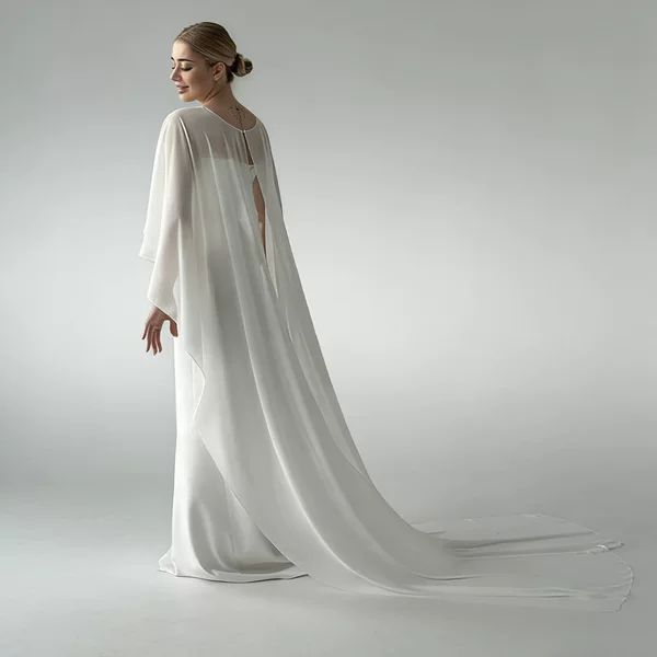 Thin Chiffon Shawl for Bridal Wedding Photoshoot, Single-Layer Long Cape with Large Train and Slit, Women's Cape in European and American Style