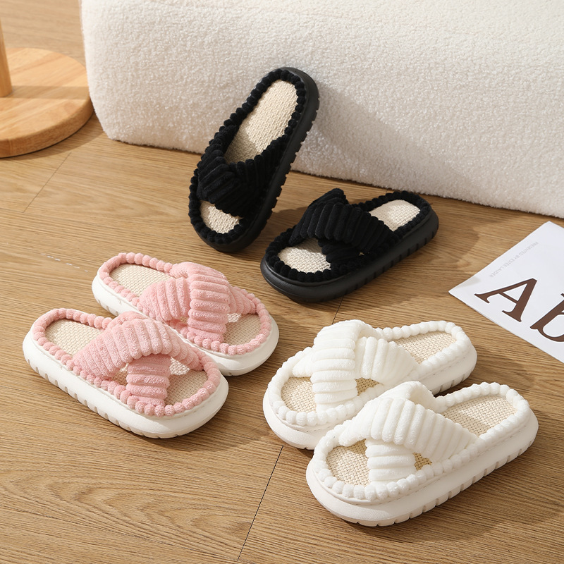2024 cross-border new corduroy linen slippers women wholesale home indoor non-slip cotton linen slippers for four seasons